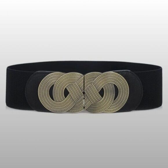 Black Stretch Waist Belt with Ornate Bronze Detail - Picture 1 of 5